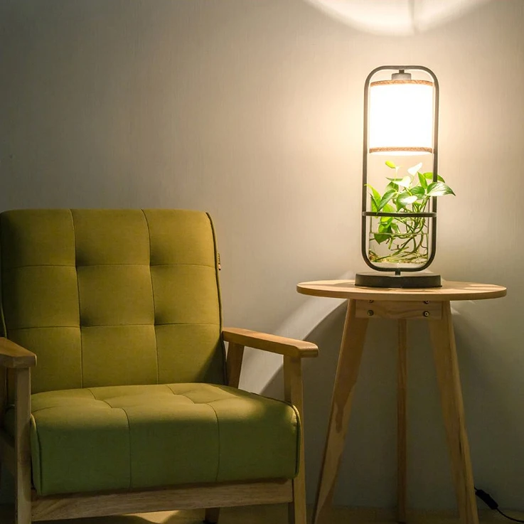 Water Planting Hanging Hydroponic Table Lamp Decor Creative Iron Bracket Art LED Green Plant Table Light