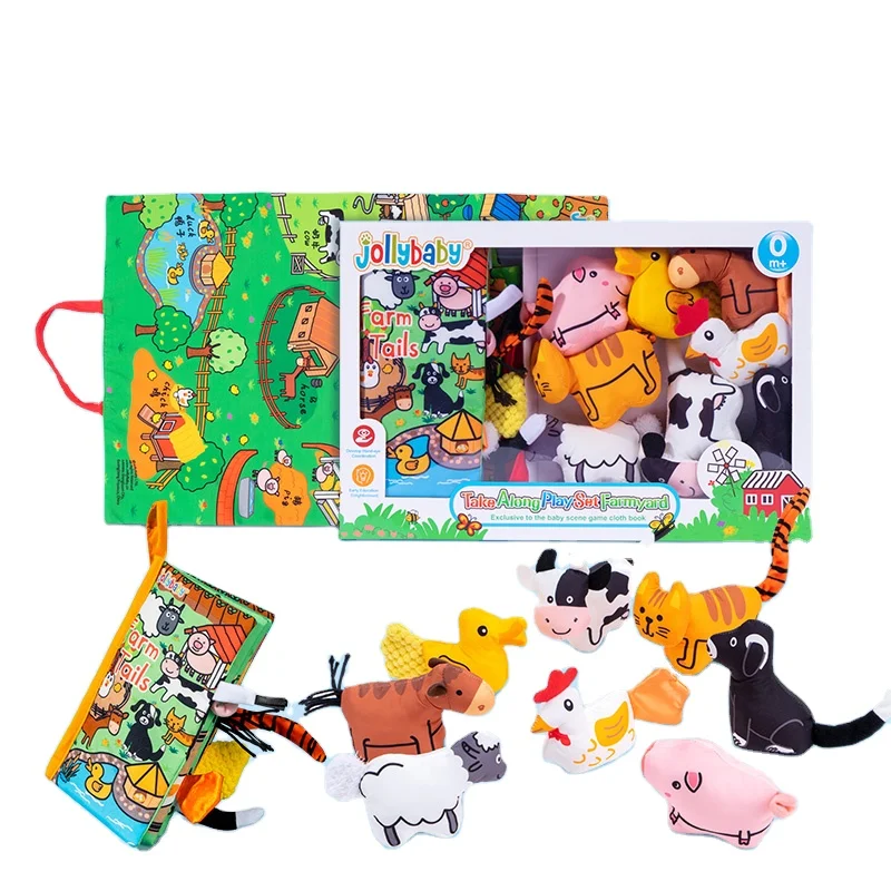 Jollybaby Polyester Stuffed Touch And Feel Soft Animal Tails Cloth Book Crinkling Squeaky Soft Animal Dolls Play Mat Set