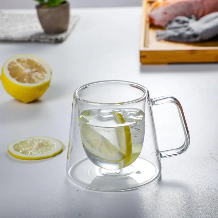 Wholesale double layer hollow heat-resistant glass coffee cup with handle