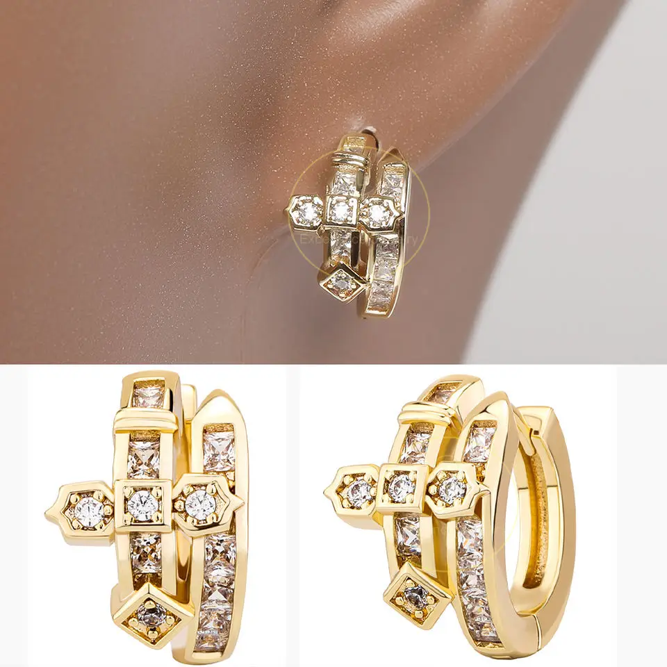 Hiphop Gift Men Women Jewelry Iced Out Micro Pave Cubic Zirconia Bling Punk Sword of Justice Cross Huggie Earring