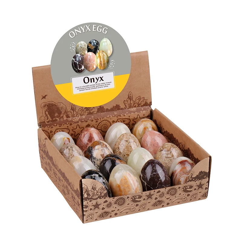 Wholesale Natural 16Pcs 3 Inch 7cm Jade White Black Yellow Large Onyx Crystal Eggs  With Display Box