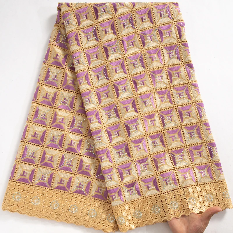 African Cotton Lace Fabric High Quality Swiss Voile Nigerian Cotton Rhinestones Fabric for Women Wedding Dresses 3679