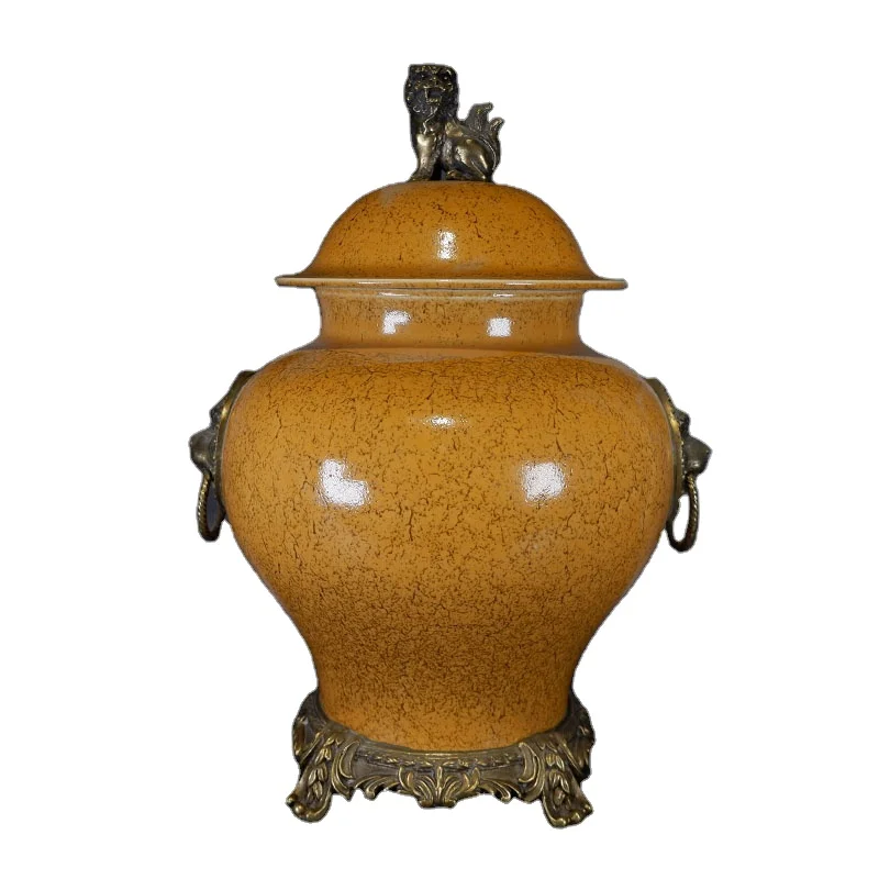 Antique Chinese Porcelain Jar Luxury Hand-Shape Rust Yellow Glaze Copper Lion Ear Ring Lid Home Decor Ceramics Vase Ginger Jar