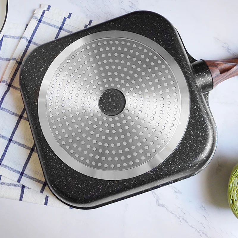 Wooden handle non stick skillets 28 cm square gas grill pan steak pan