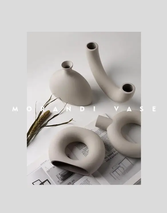 INS Abstract Human Girl Face Art Flower White Donut Shaped Modern Ceramic Flower Vase for Home Decor Nordic Ceramic Donut Vase