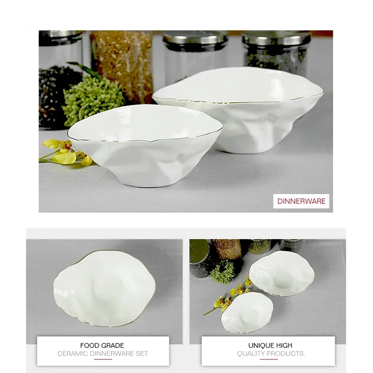 Unique shape design serving bowls white ceramic bowl gift set european bowl with gold rim