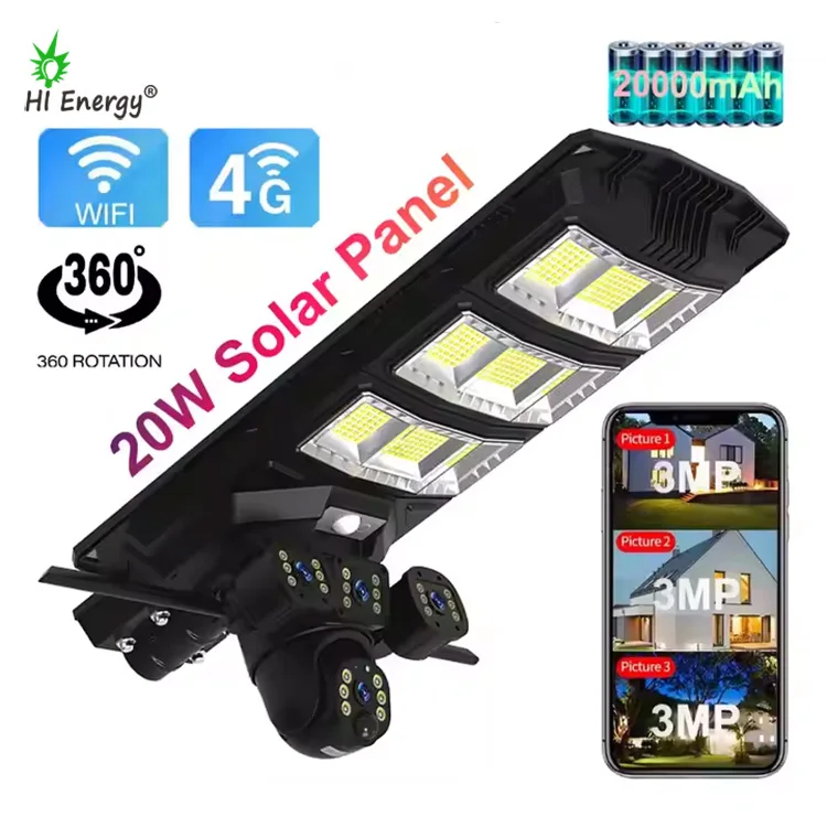 Hienergy CCTV Dual lens ip65 Waterproof solar street light with wifi 4g camera CCTV outdoor street light camera 300w