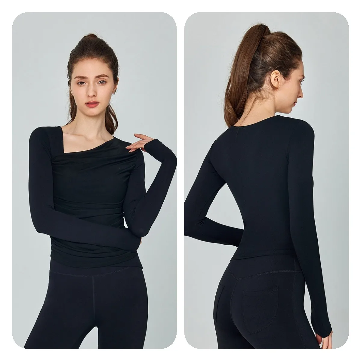 YISHENHON New Diagonal Collar Yoga Long Sleeve T-shirt Gauze Patchwork Sports Top Slimming Fitness Top With Chest Pad Fashion
