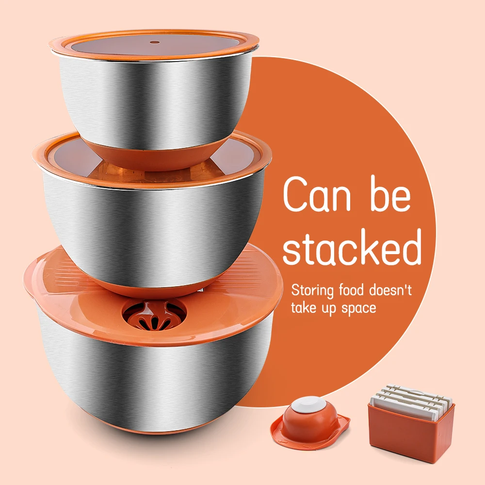 2023 New  Kitchen Mixing Bowls Stainless Steel 3 In 1 Large Measurement Marks Mixing Salad Bowl With Lids Baking Bowls