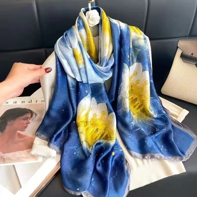 Silk Satin Neck Scarf For Women Print Hijab Scarfs Female Square Shawls and Wraps Scarves For Lady