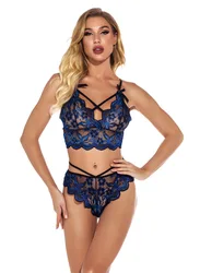 2022 Bralettes Wholesale Ladies Fancy Bra Panty Lace Embroidery Women Plus Size Bralette Knit Bralett Blue Lingerie Set