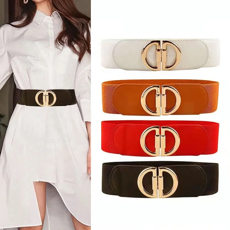 2023 designer Wholesale fashion women dress gold buckle wide elastic belt Women Stretchy Metal Interlocking Waist Cinch D Belt