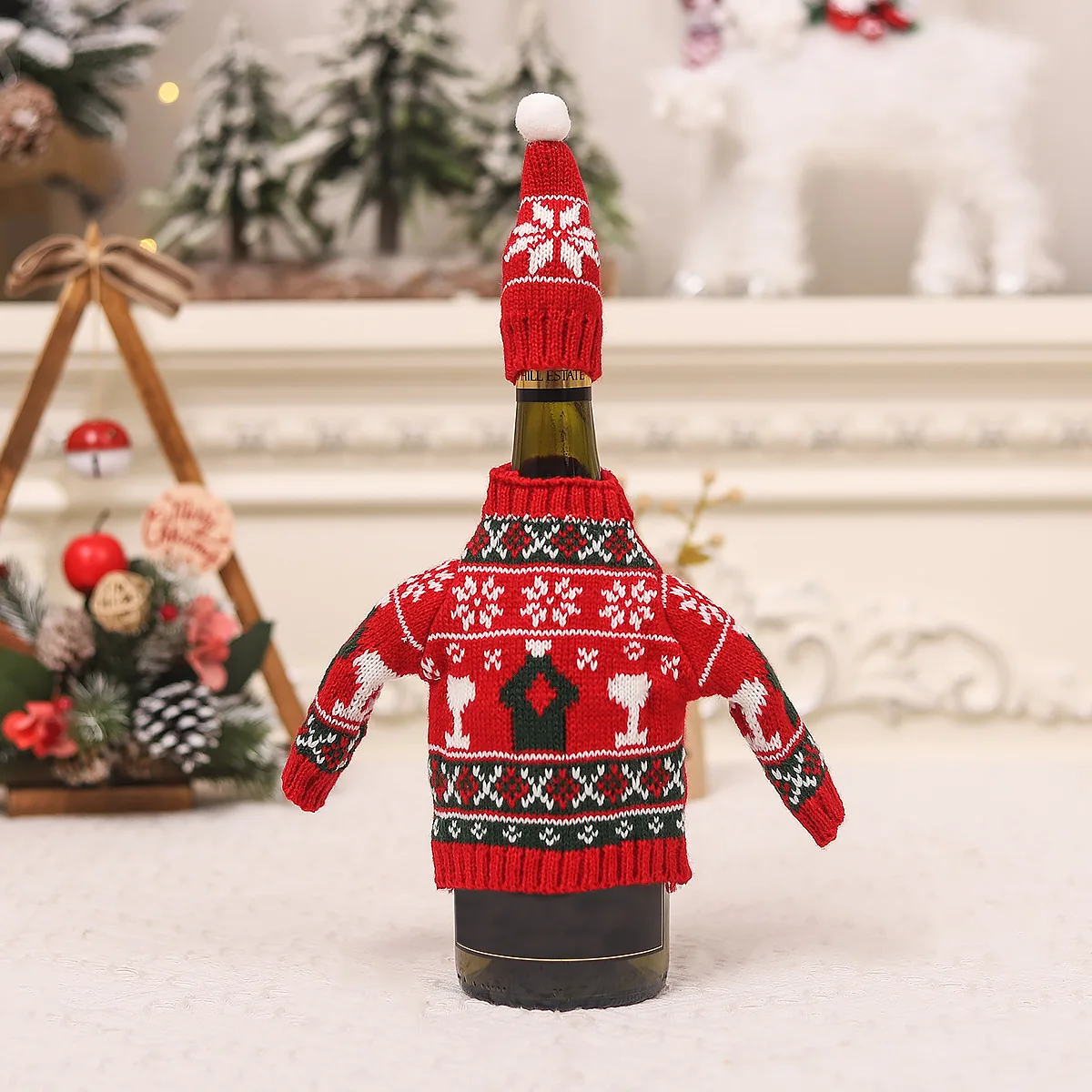 2024 New Design Christmas decorations red wine champagne bottle hat knitted two-piece Christmas table dress up party Restaurant