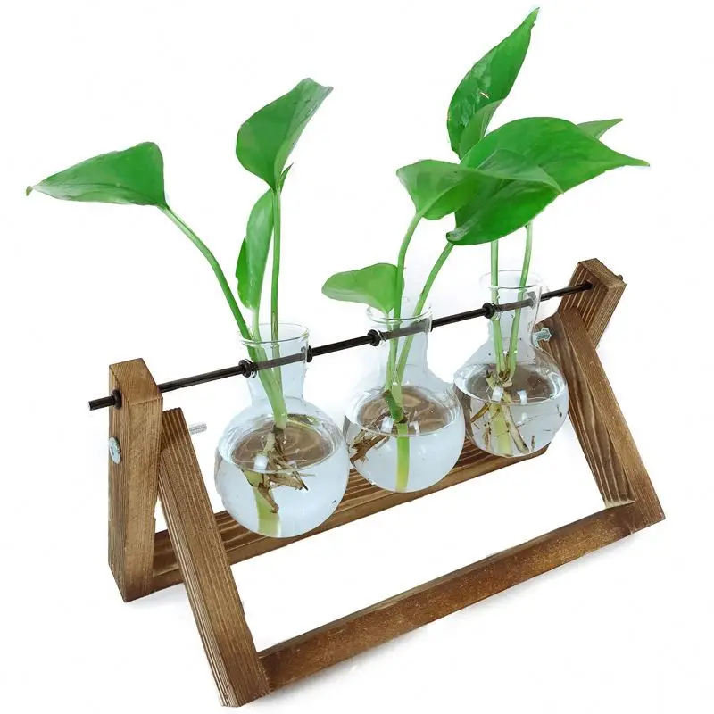 
plant stands,3pcs terrarium glass planter bulb vase with retro solid wooden stand and metal swivel holder for hydroponics plants 
