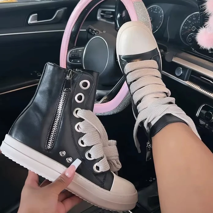 Hot Selling Fashion casual walking black pu leather flat sport lace-up shoes casual men women ladies sneakers