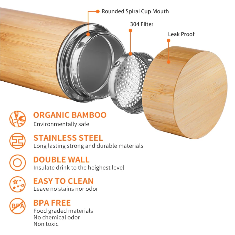 Custom Reusable Water Bottles Bamboo Sustainable Water Bottle Bamboo Thermos Bottle