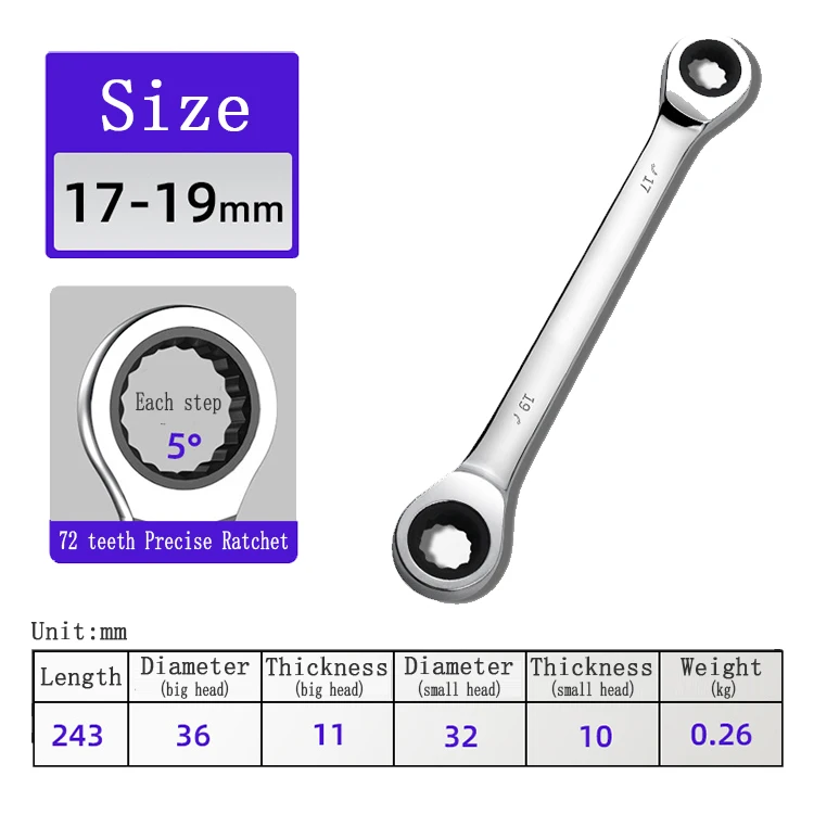 45# Steel Heavy Duty Strong 2 Head Ratchet Wrench Various Sizes China Manufacturer Wholesale