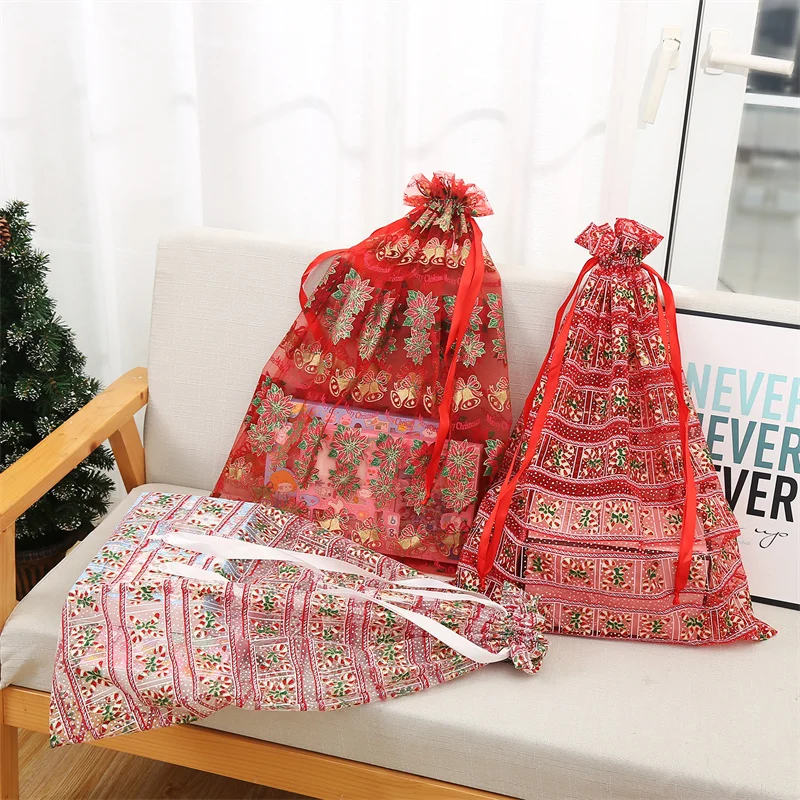 New Arrival Christmas Organza Present Bag Xmas Tree Snowman Jewelry Pouch Eco-Friendly Candy Toy Organza Bag For Kids Gift