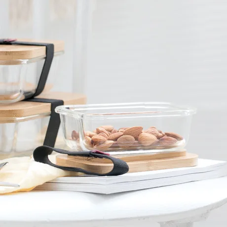 Japanese Household Bamboo Wooden Lid Glass Crisper Containers Crisper Ware Sealed Bento Box Lunch Box Microwave Refrigerator