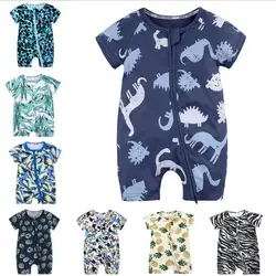Wholesale casual girls romper 100% cotton cute baby home wear double zipper printing short-sleeved boy romper kids pajamas set