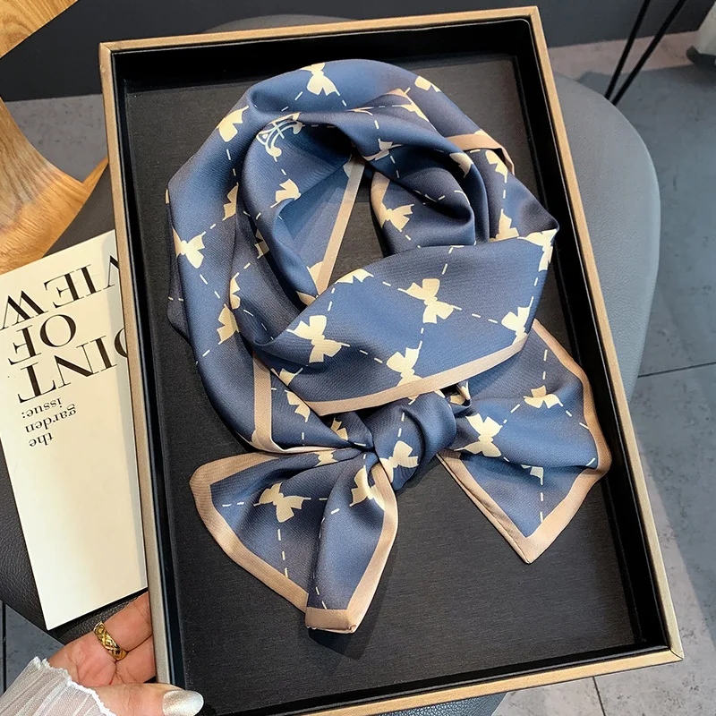 2024 New Korean Style Bow Pattern Twill Silk Scarf Long Plain Fashion Decorative Retro Collarbone Warm Scarf Headband for Women