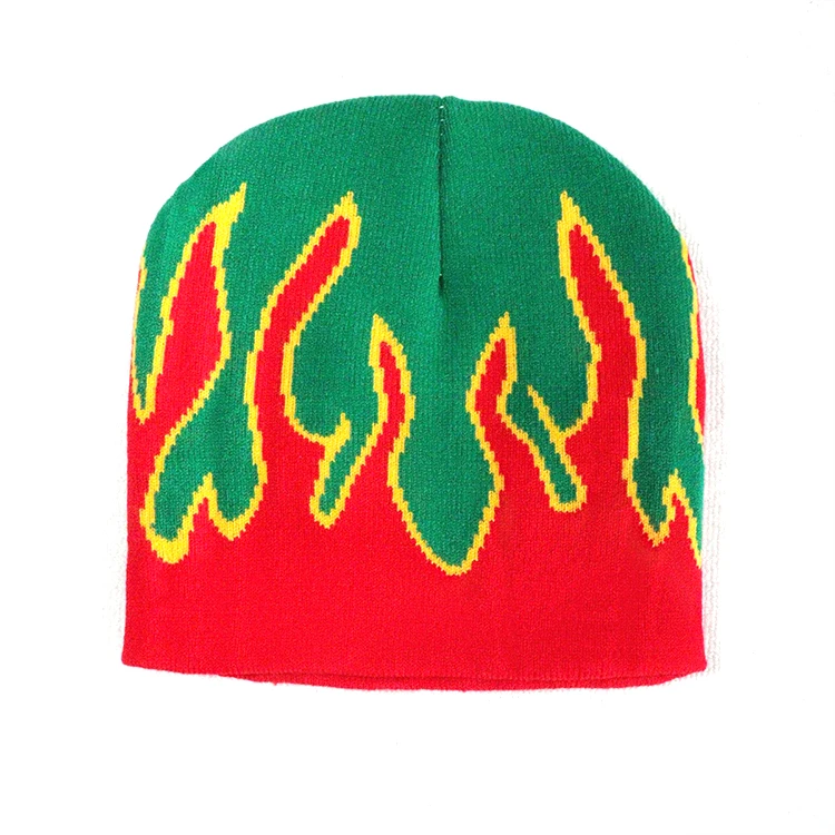 Wholesale Unisex Flame All Over Printed Knitted Bean Hat Cap Custom Logo Y2K Acrylic Jacquard Beanie Hats
