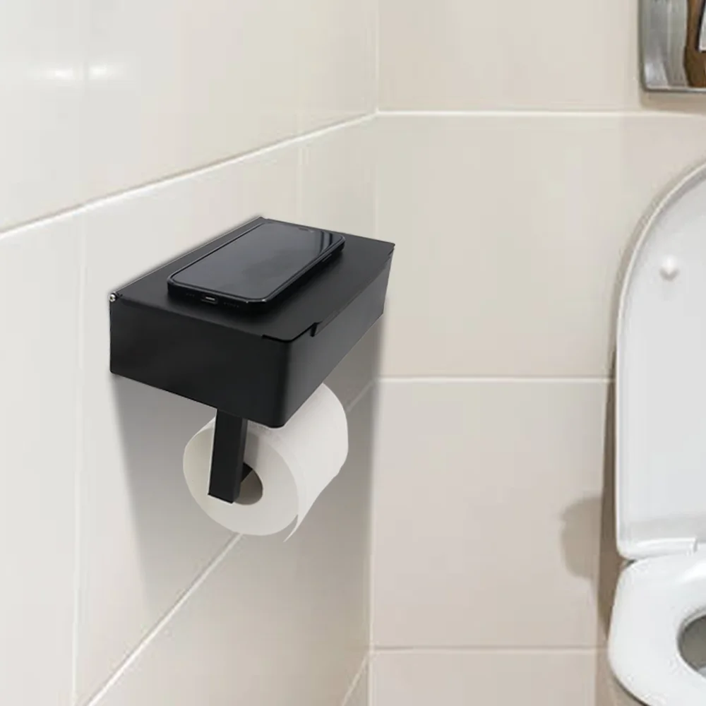 New Design Stainless Steel Black Phone Shelf Lid Flushable Wet Wipes Dispenser Storage Box Toilet Paper Roll Holder