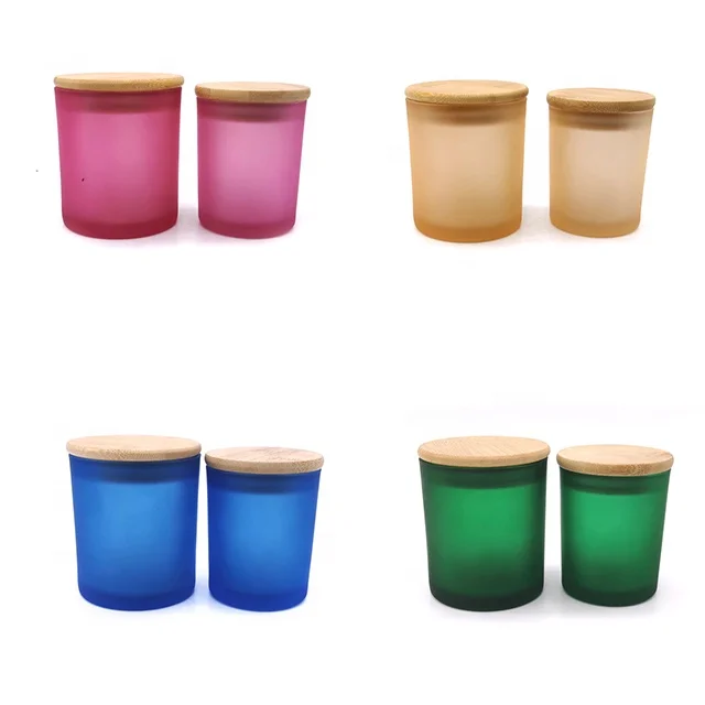 Multi color frosted empty glass candle jars with wooden lids in bulk for candle making