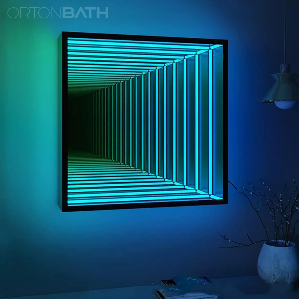 ORTONBATH rectangle Bathroom Tunnel Mirror Wall Mirror Single Side LED 3D Sensory Ambient Light  Color-Changing Infinity Mirror