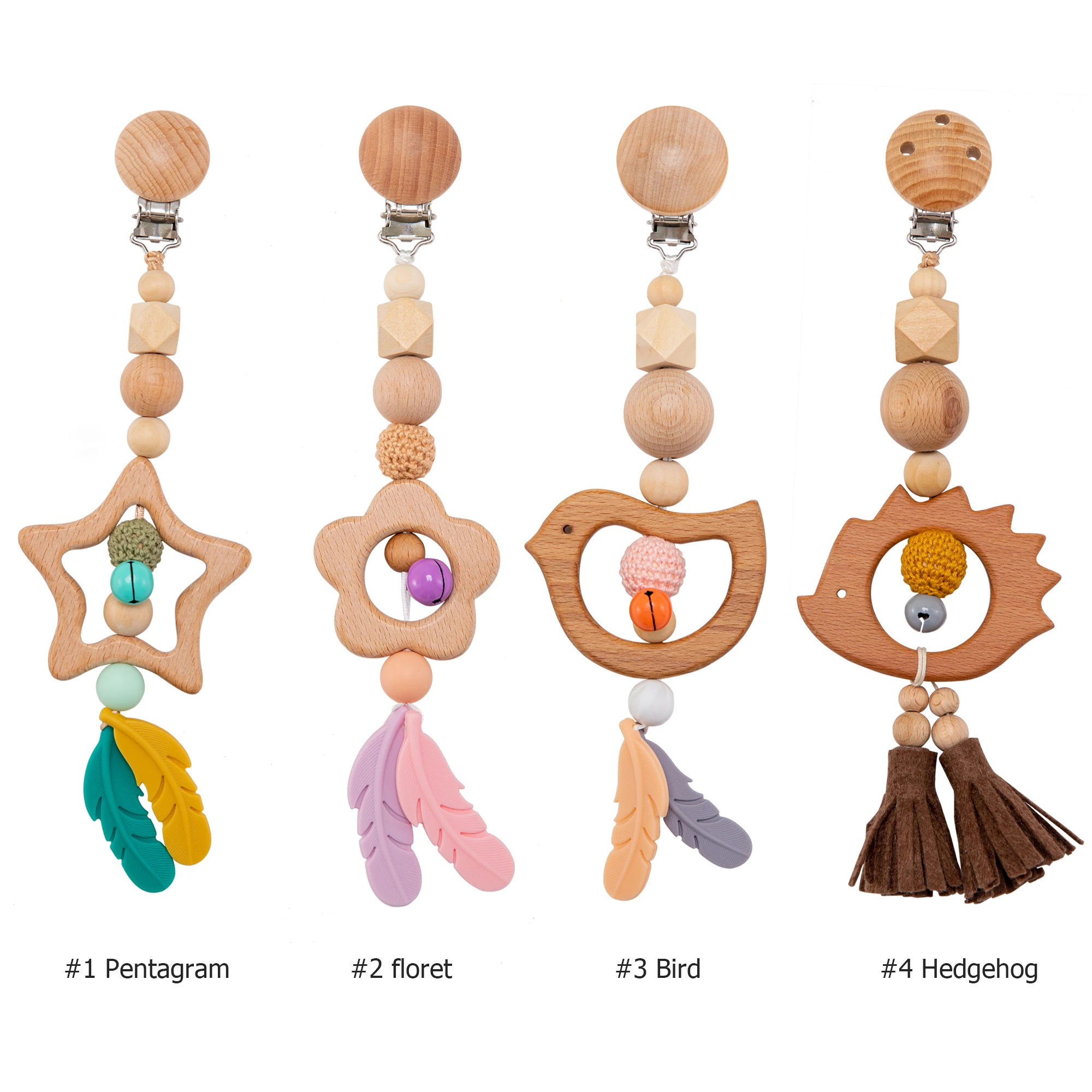 Wooden Music Rattle Animal Star Mobile Holder Teething Pendant Wooden Gym Rodent Silicone Bead Necklace Clip rattle for stroller