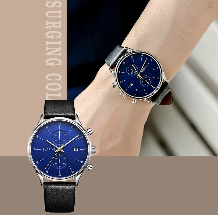 customized 3ATM Waterproof Sapphire Mens Black Genuine Leather Quartz Wrist  Stainless Steel Watch