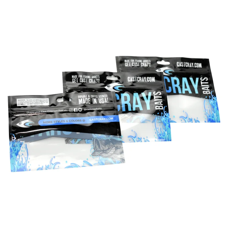 Custom Printed flat 3 side sealed plastic bag lure water soluble small Fishing baits plastic bags with ziplock