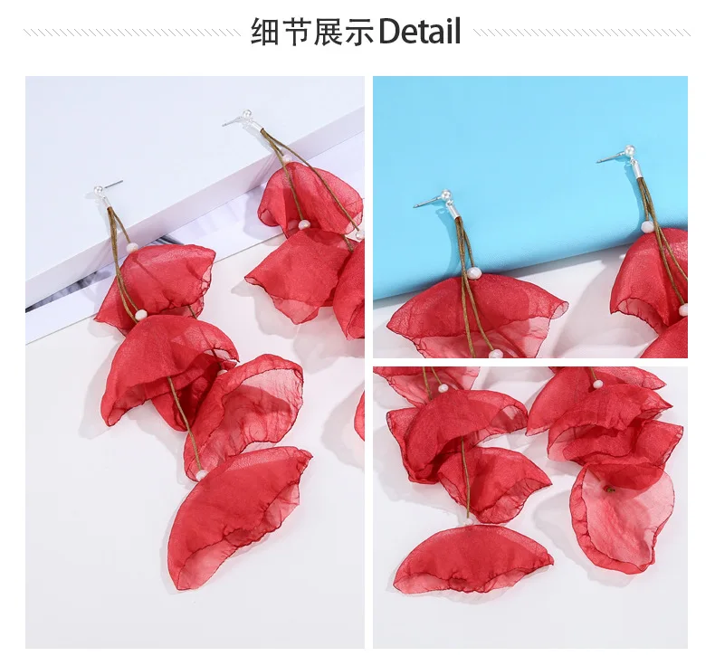 2020 New Arrival Elegant Dangle Style Handmade Yarn Red Flower Long Evening Earrings