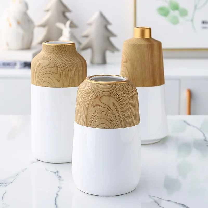 Nordic minimalist living room ornaments modern wine cooler dried flowers decorative soft patchwork wood grain ceramic vase
