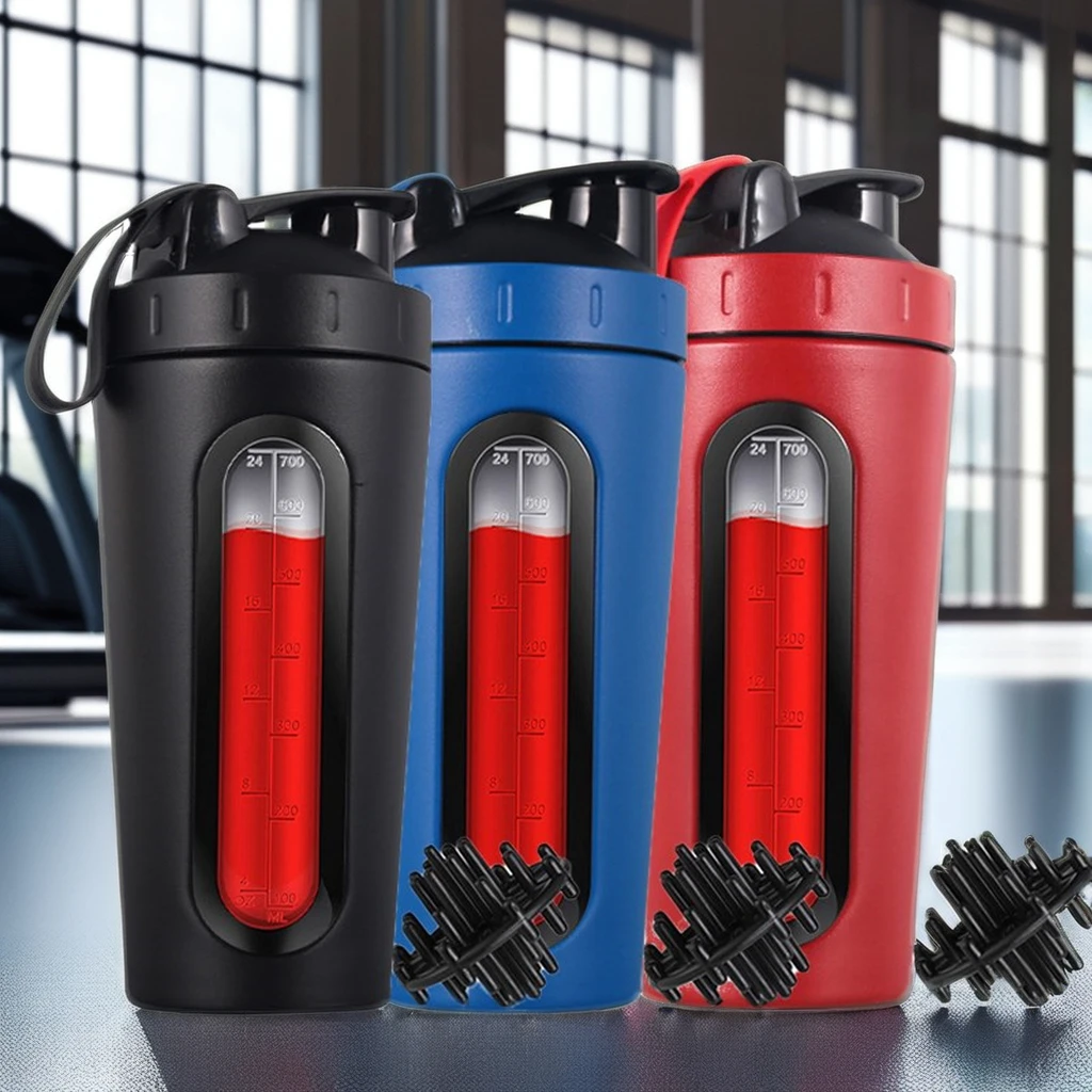 Custom Logo 700ML Shaker Bottle Visual Level Window 304 Stainless Steel Direct Drinking Protein Powder Mixing Adults Gym