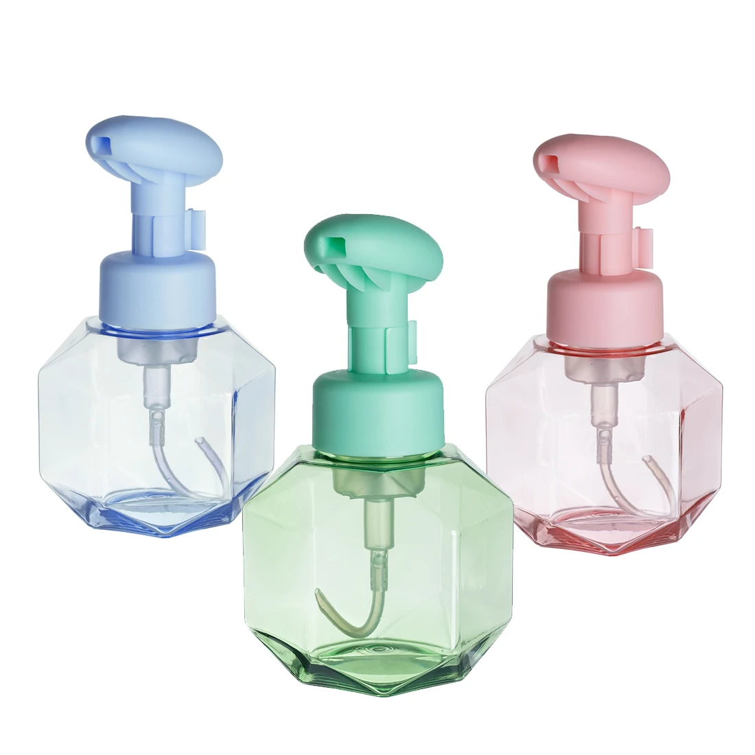 The Newest Pink Blue Cute 43mm Soap Pump Dispenser And Sponge Holder 350ml PET Foam Soap Bottles And Pump For Kids Skincare