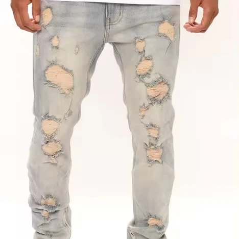 Custom OEM flared cargo demin stacked jeans for men italian men vintage denim ripped men