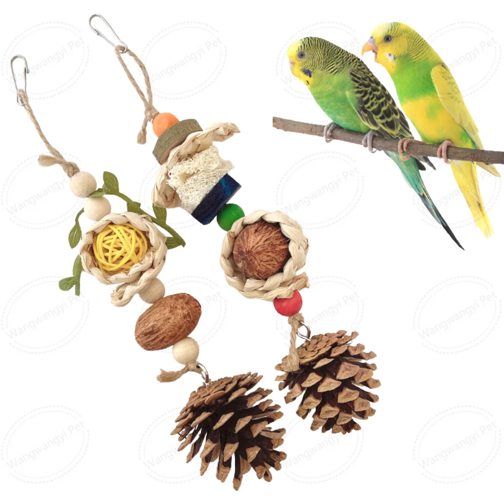 Hanging Bird Chew Toys Natural Corn Cob  Loofah Slices Pine Cone for Parrot Chewing