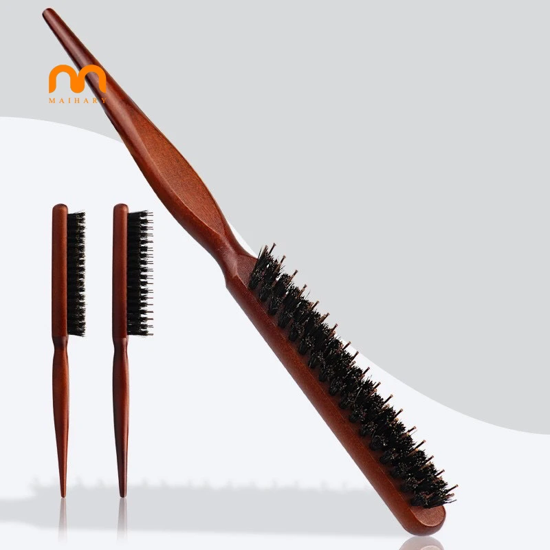 Custom Logo Wood Handle Teasing Hair Brush Salon Hairstyling Comb 3 Rows Nylon Bristles Teasing Hair Brush