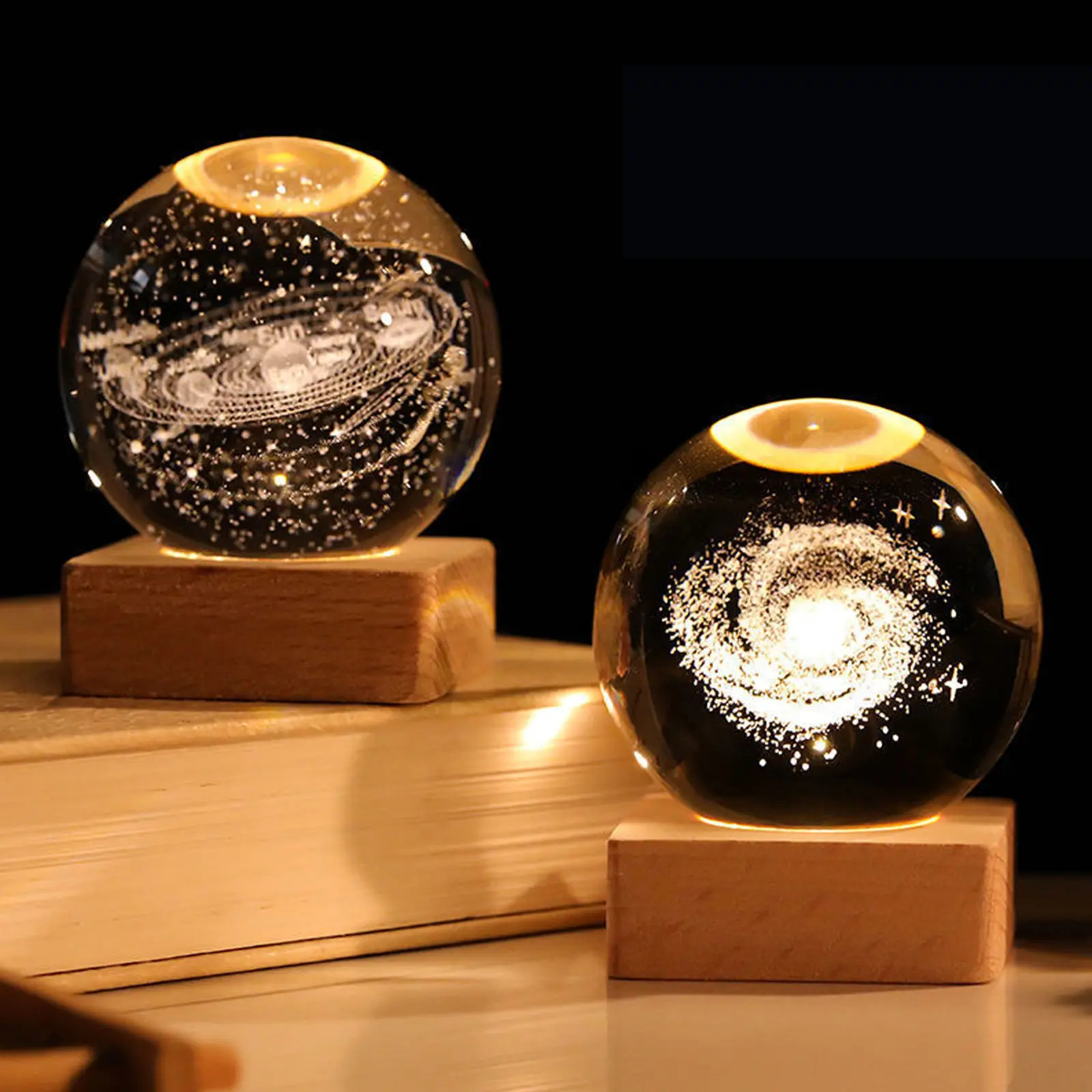 Customized Creative Luminous Gifts 3D Art Crystal Ball Night Lamp Wooden Bottom Laser Carved Planet Lights Moon Night Lights