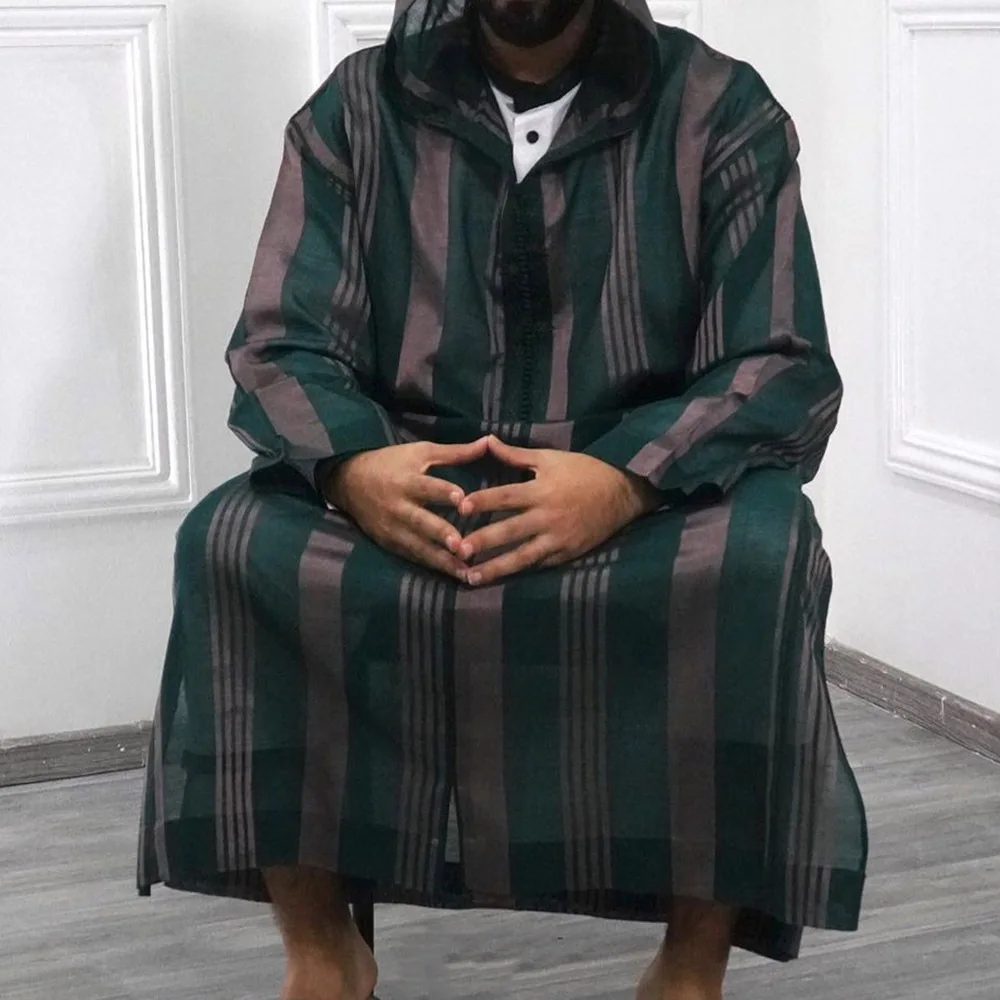 Mens Kaftan Hooded Robe Men Muslim Prayer Dress Stripe Gown Thobe Casual Long Shirt