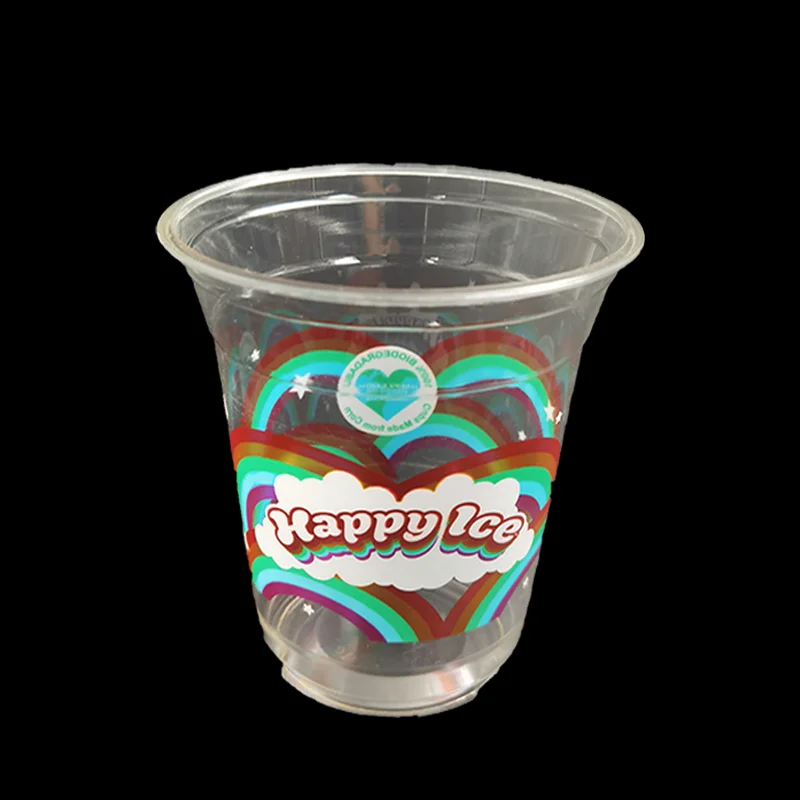 PET PLA PP customized logo biodegradable drinking plastic cups with lids various size disposable juice dessert cup and saucer