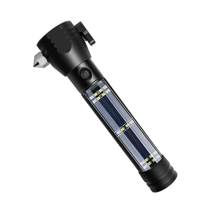 Multi-function usb rechargeable solar led flashlights waterproof led solar power flashlight with safety hammer