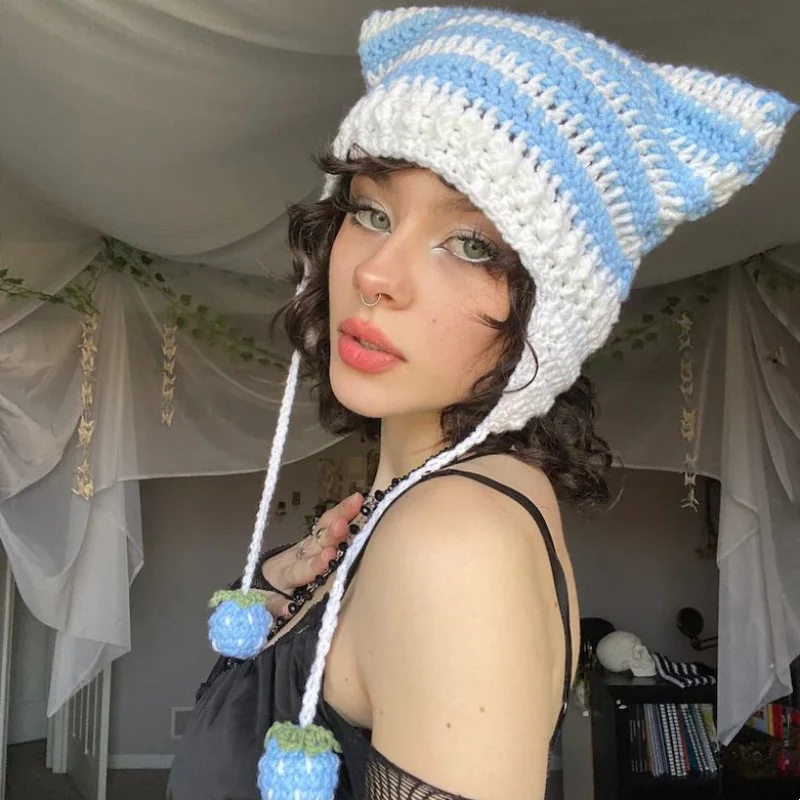 Winter Vintage Women Cute Cat Ears Knit Hat Ear Flap Striped Handmade Y2K Grunge Crochet Warm Beanie Hat With Cat Ears