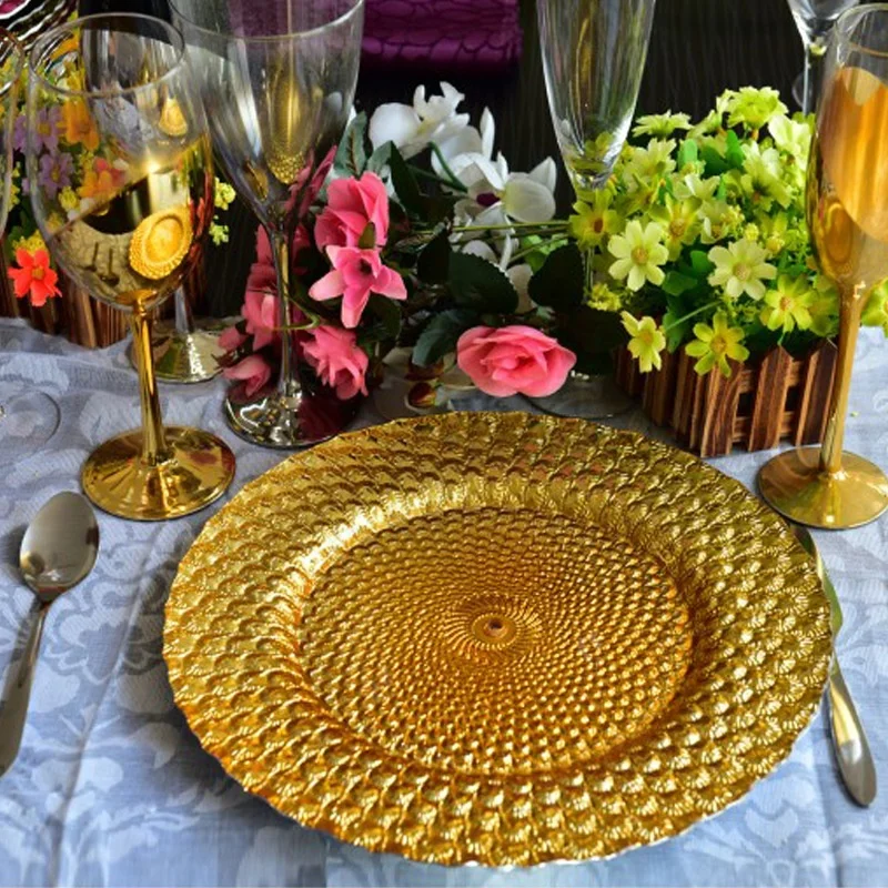 13Inch Tableware Wedding Decoration Glass Under Plates Catering Event Peacock Glass Charger Plate