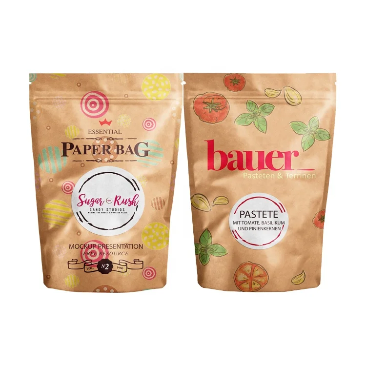 Kraft Paper Food Packaging Stand Up Zipper Pouch Doypack Bag With Reusable Zip lock