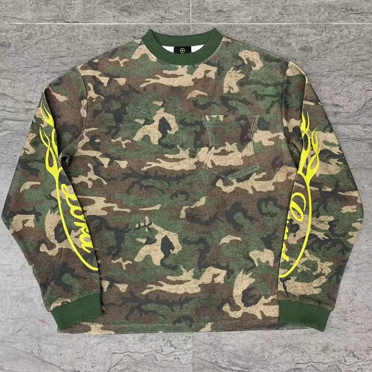 Custom Screen Printed Heavy Cotton Knitted Camo Waffle Tee Camouflage Thermal T Shirts Double Layer Long Sleeve T-shirts For Men