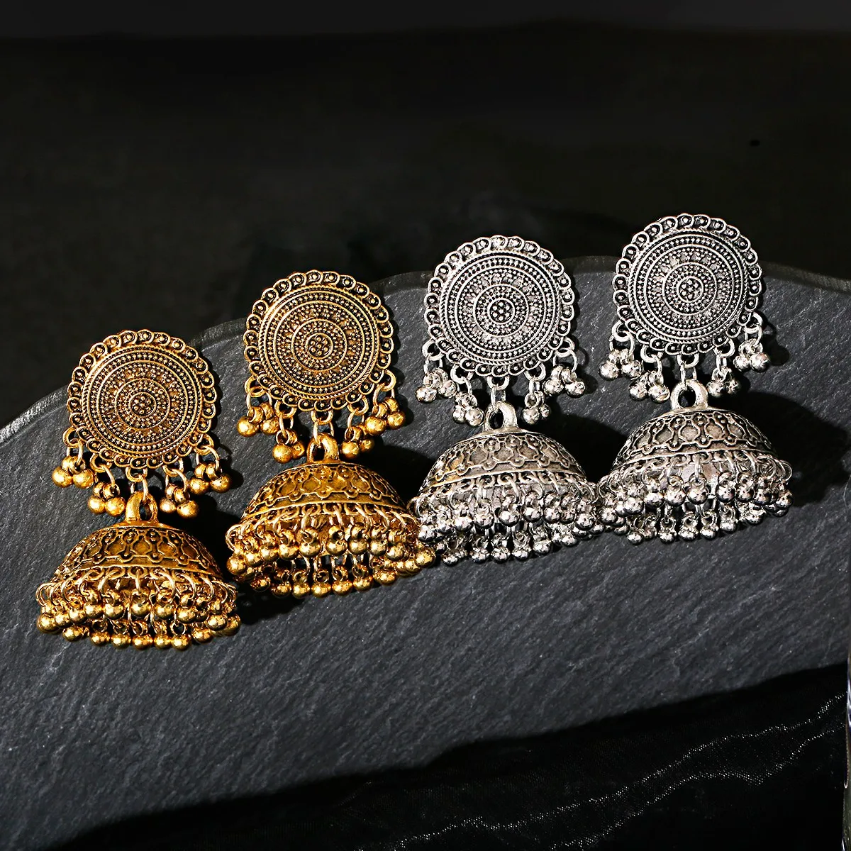 Big Round Sunflower Handmade Dangle Drop Bells Gold Silver Oxidized jhumka Indian Earrings For Women Jewelry
