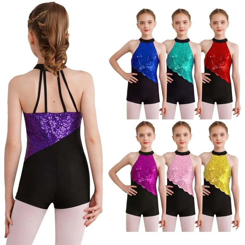 4-16 Kids Sequins Dance Costume Leotard Sleeveless Bodysuit For Girls Figure Skating Stage Dance Wear Gymnastics Clothing