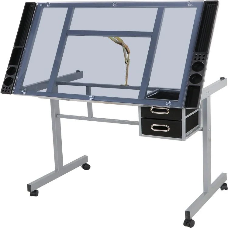 Glass Top Drafting Table with Storage Adjustable Multifunctional Drafting Drawing Table Desk